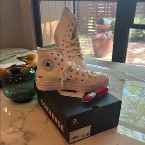 New Converse Love Me White High-Top Sneakers with Embroidered Red Hearts